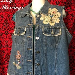 OOAK Denim Vest Vintage Lace Hand Beaded Embellish